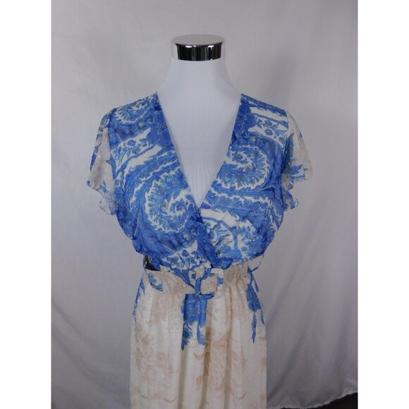Flare Maxi Dress Womens Blue White Floral Belted Wrap V-Neck Made in Italy - Picture 2 of 12
